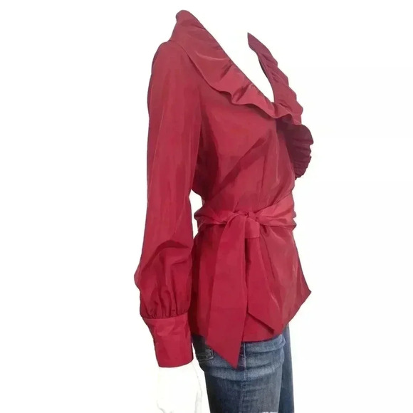 J. Peterman Top Women's Size6 Red Flamenco Ruffle Self Tie Wrap Blouse Shirt - Picture 1 of 11